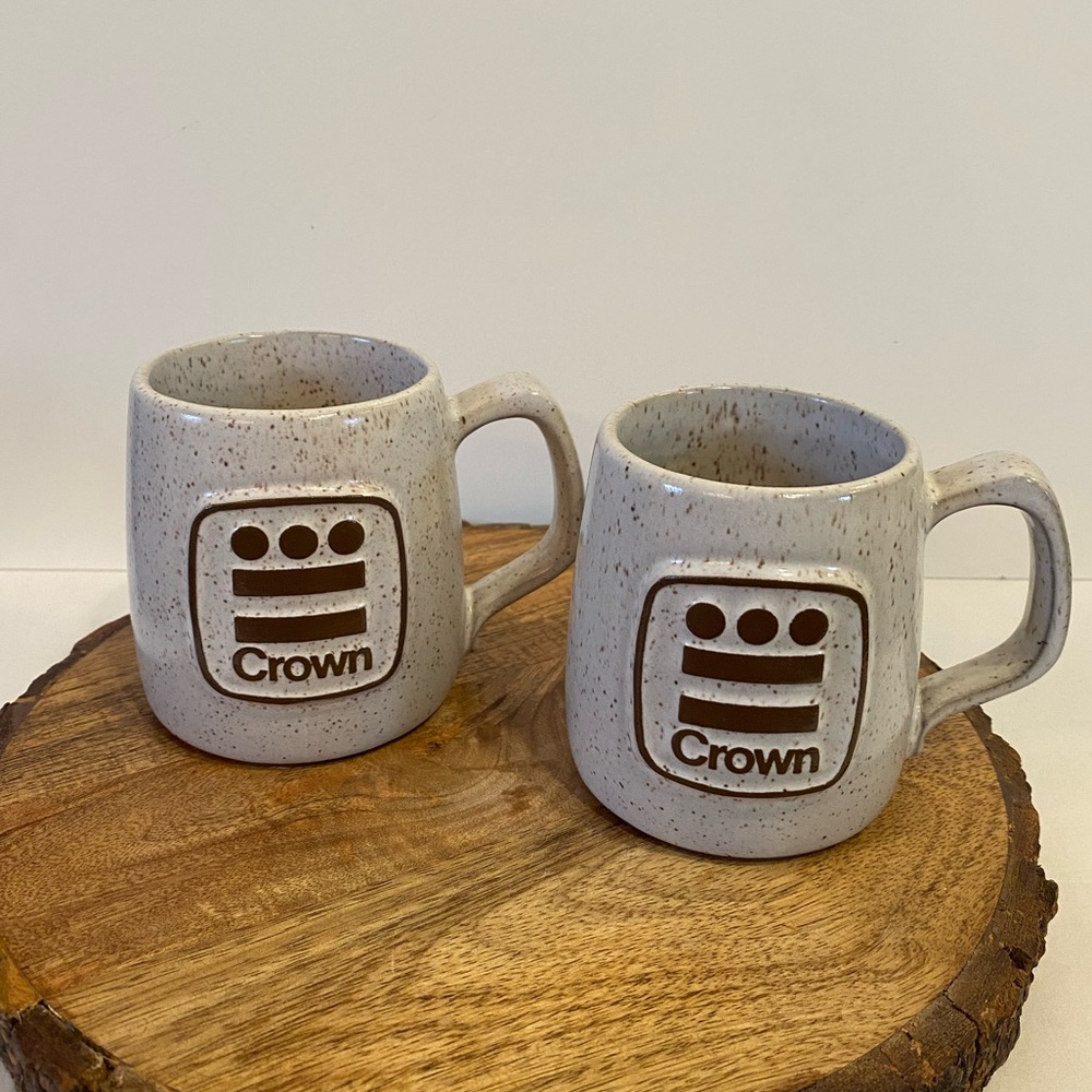 Cream Brown Vintage Speckled Stoneware CROWN Artisan Mugs Set Of 2 Handcrafted
